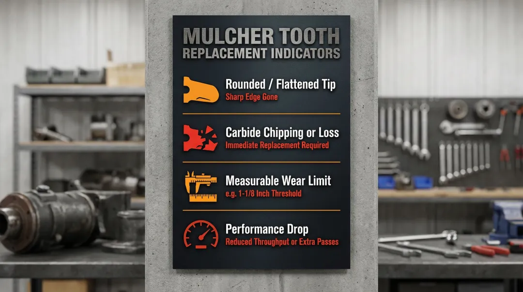 Mulcher tooth wear inspection checklist showing key replacement indicators and thresholds
