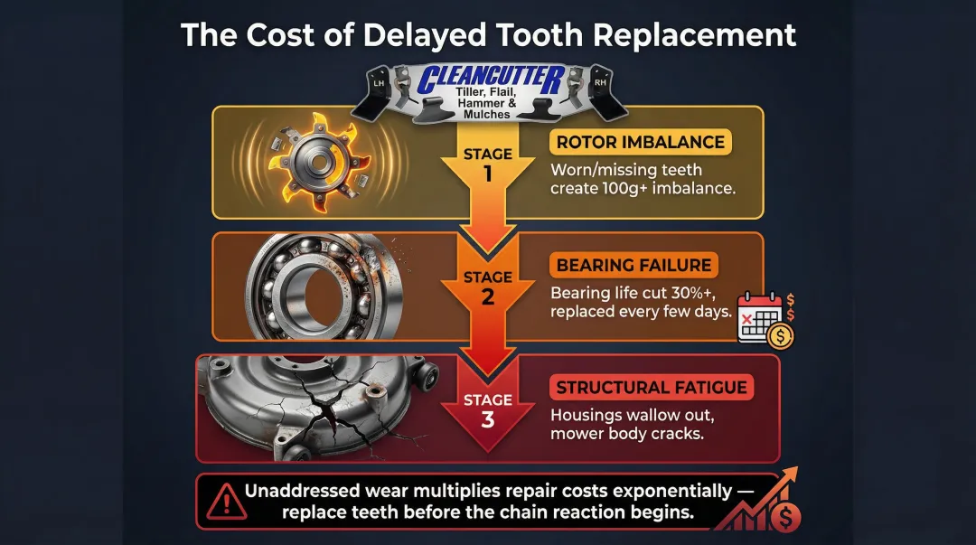 Three-stage mulcher rotor damage chain from worn teeth to bearing and body failure