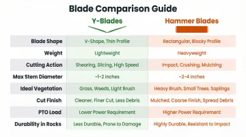Y-blade versus hammer blade feature comparison chart for flail mowers
