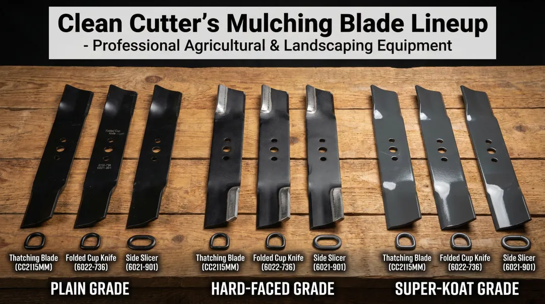 Clean Cutter mulching blade product lineup showing three steel grade options