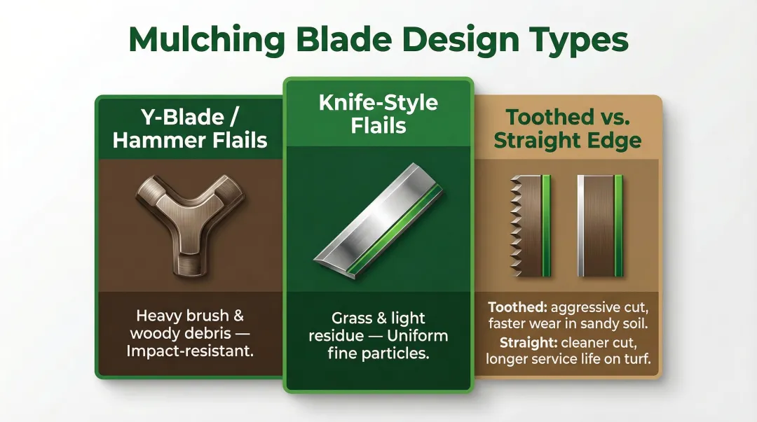 Mulching blade design comparison Y-blade hammer knife-style flail types infographic