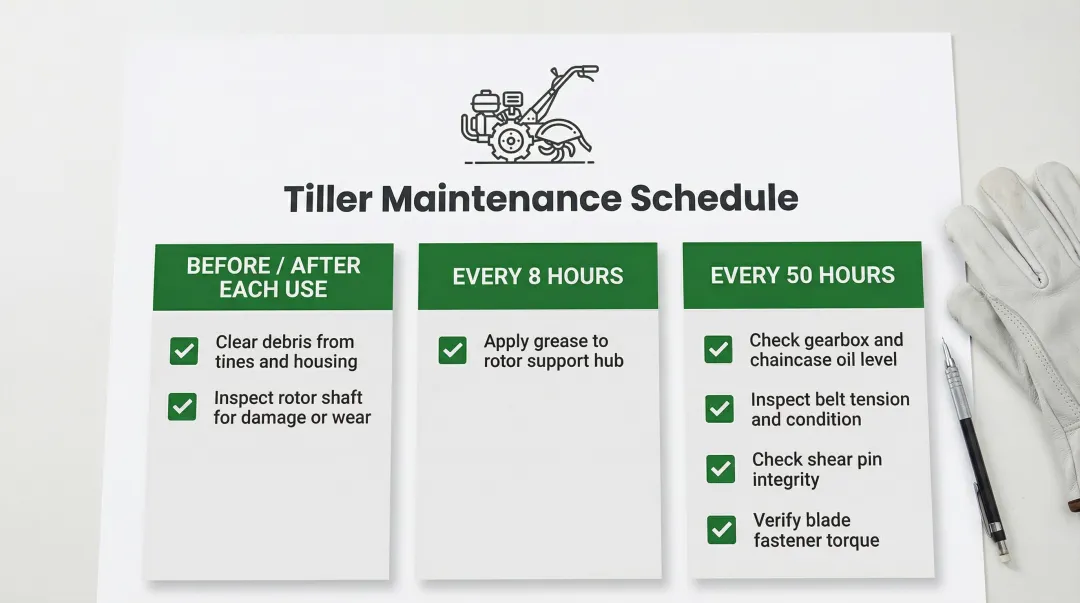 Tiller seasonal maintenance checklist infographic with inspection intervals and service tasks