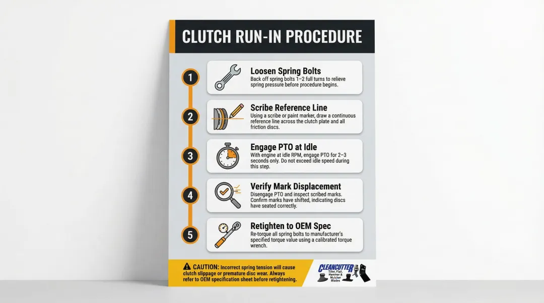 5-step slip clutch run-in reset procedure for tiller engagement mechanism