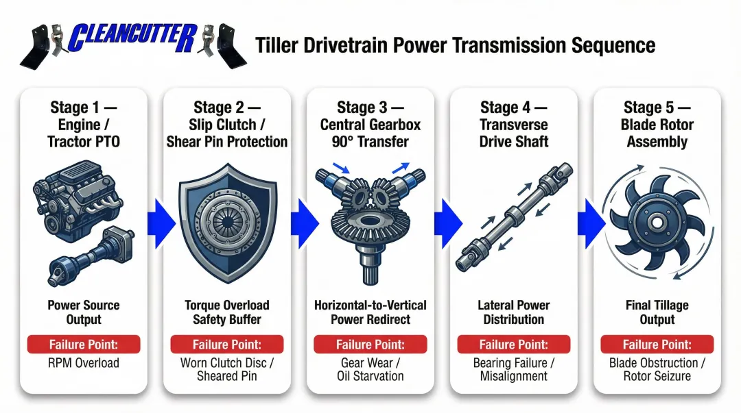 Tiller drivetrain power flow diagram from PTO to blade rotor shaft