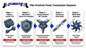 Tiller drivetrain power flow diagram from PTO to blade rotor shaft