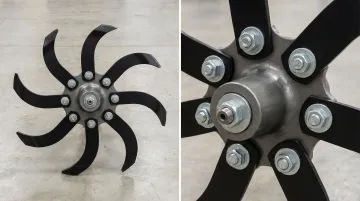 Tiller blade rotor assembly showing blade bolt installation and torque points