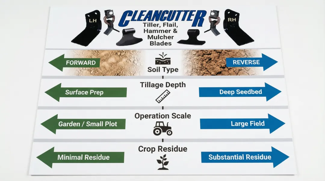 Four-factor decision guide for choosing forward or reverse tiller blade rotation