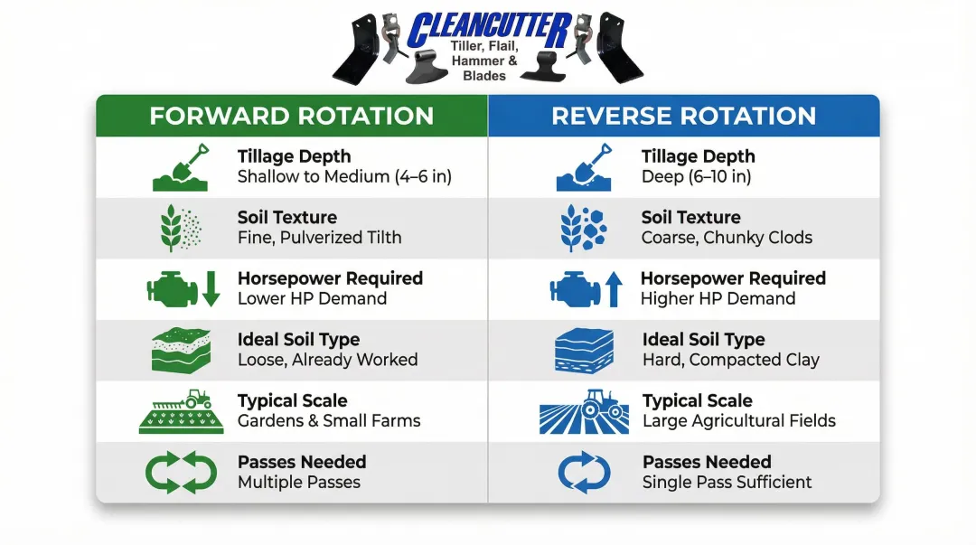 Forward versus reverse tiller blade rotation six-feature side-by-side comparison infographic