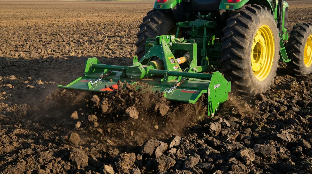 Reverse rotary tiller working deep in heavy clay compacted agricultural field soil