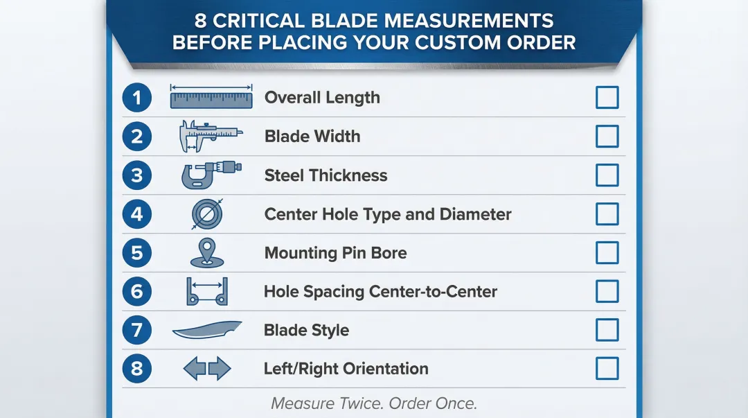 8-point OEM mower blade measurement checklist infographic for ordering
