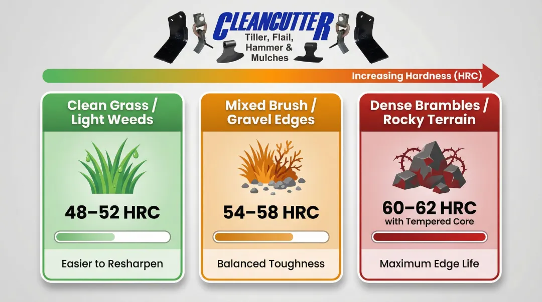 Mower blade Rockwell hardness recommendations by terrain condition comparison chart