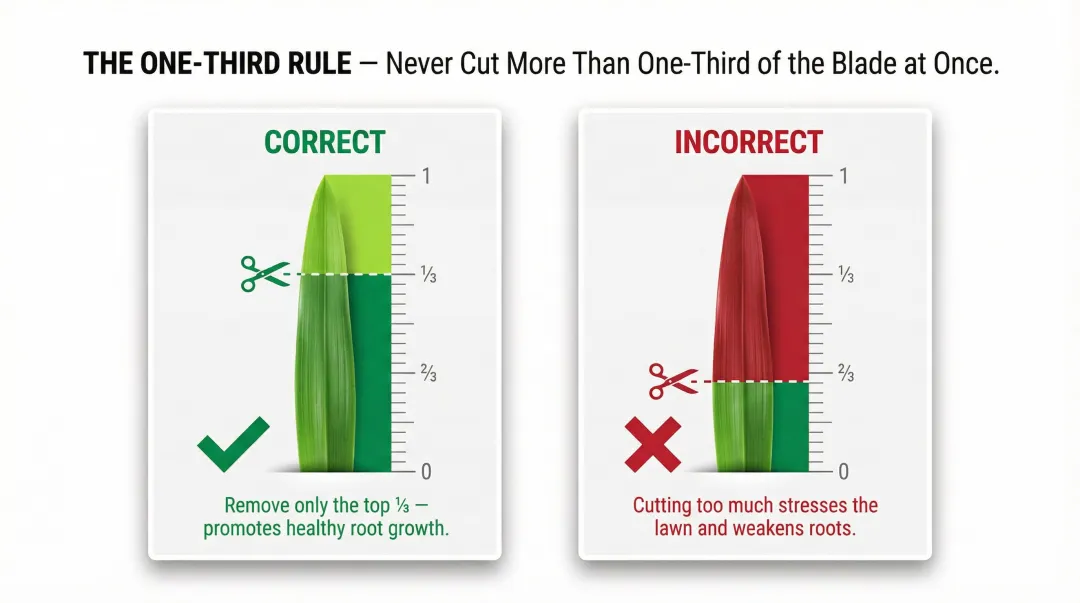 One-third grass cutting rule diagram showing correct versus incorrect mowing height removal