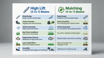 High lift versus mulching blades seven-feature side-by-side comparison infographic