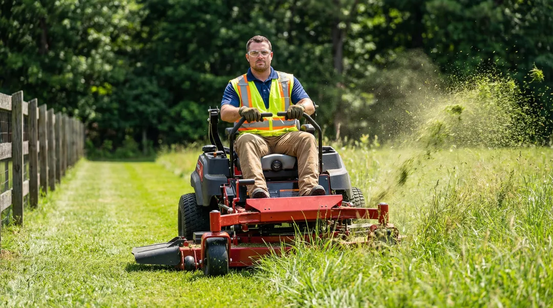 Commercial mower cutting tall thick grass on large open property