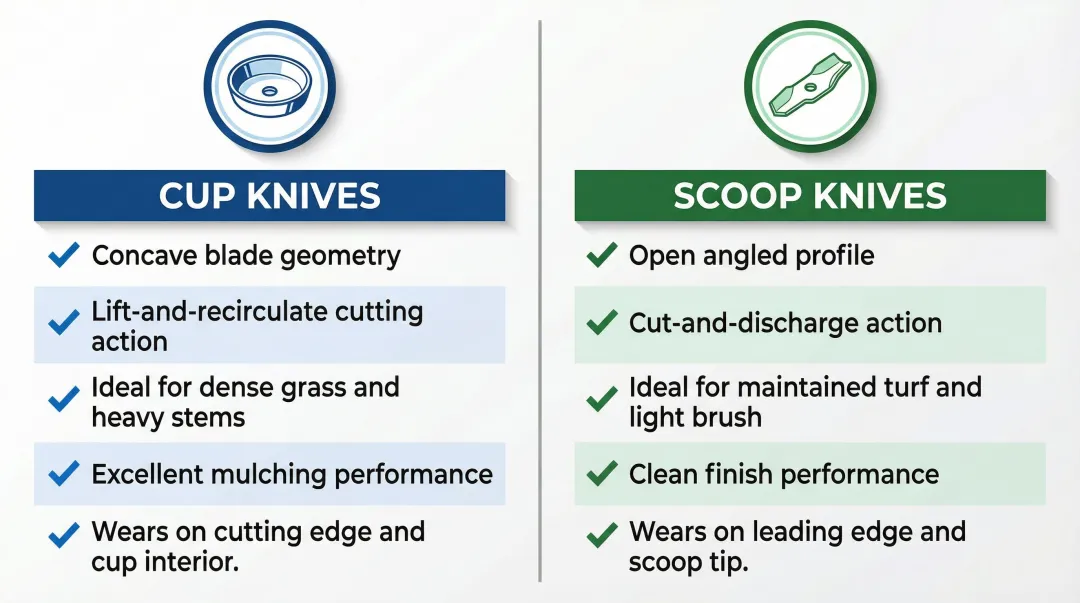 Cup knives versus scoop knives flail mower blade comparison infographic