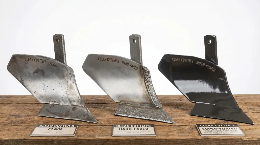 Clean Cutter tiller blade product lineup showing three hardness grades and coating options