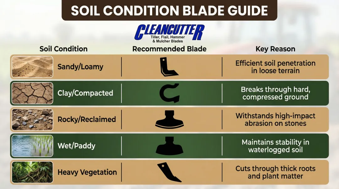 Soil type to tiller blade selection quick reference chart with five conditions