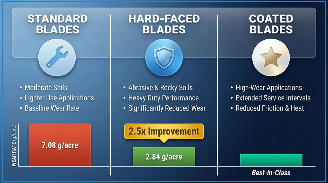 Three tiller blade material grades comparison showing wear rate and application suitability