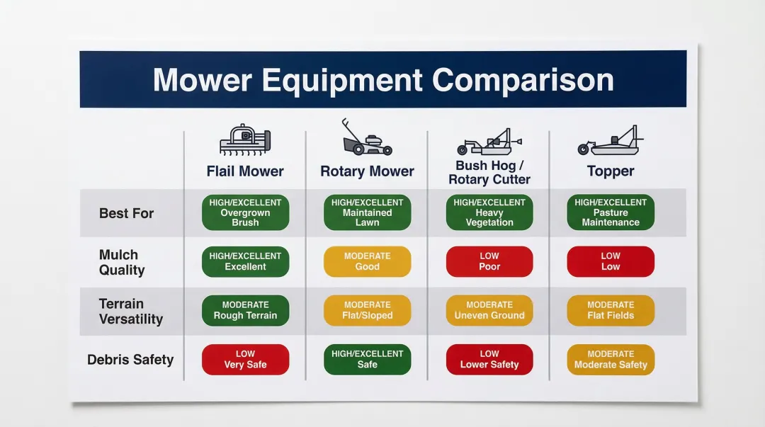 Flail mower versus rotary mower bush hog and topper comparison chart