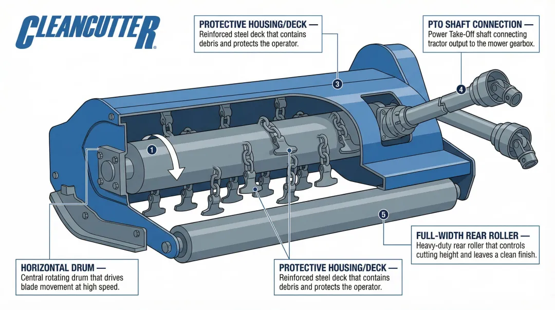 Flail mower key components diagram including drum blades housing and roller