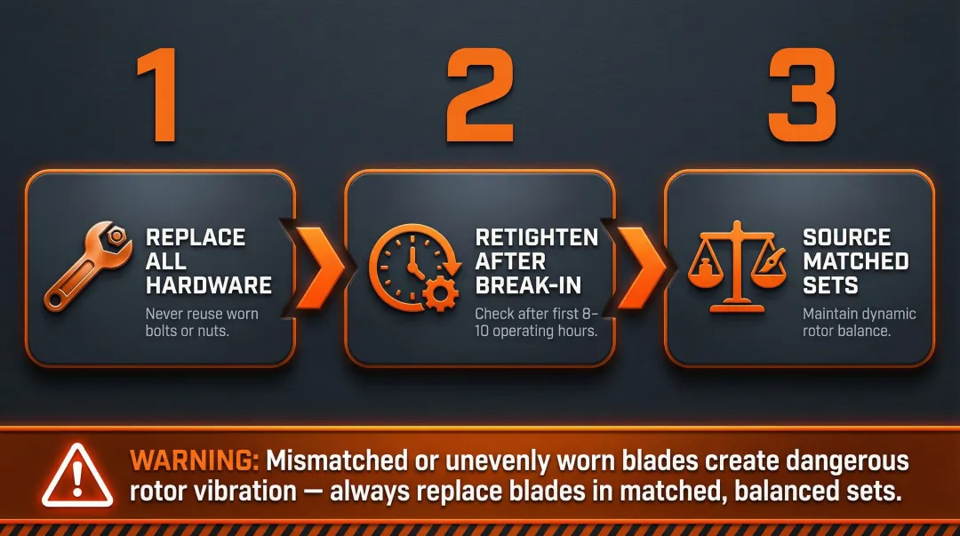 Three-step flail mower blade replacement process flow with maintenance tips