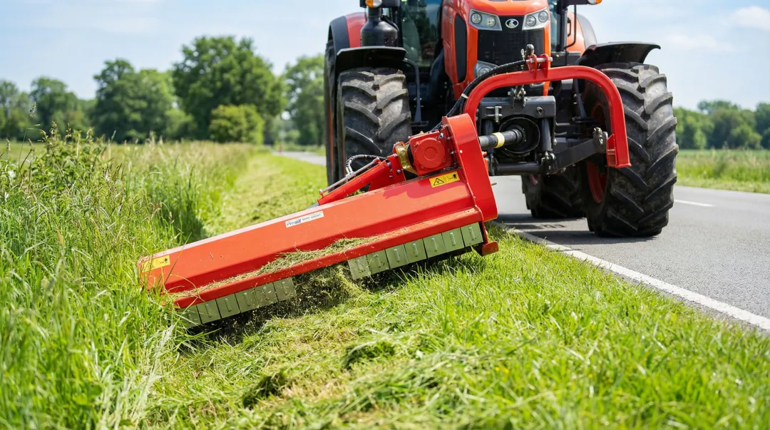 Flail mower operating on roadside with debris contained inside enclosed deck housing