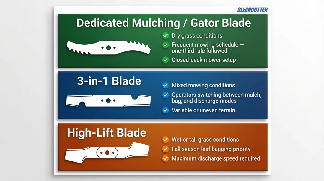 Mulching versus high-lift versus 3-in-1 blade conditions matching decision guide