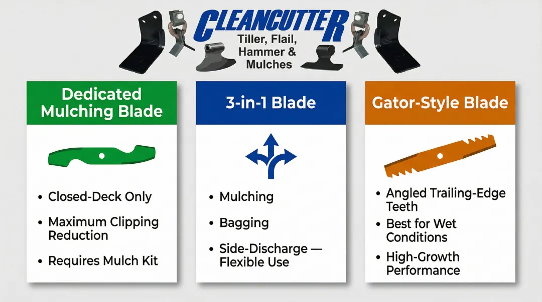 Three mulching blade types for zero-turn mowers comparison infographic