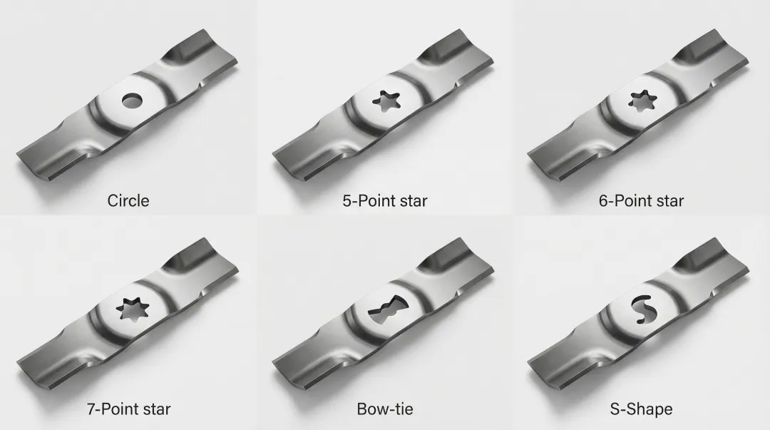 Assorted aftermarket zero-turn mower mulching blades showing various center hole patterns