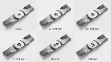 Assorted aftermarket zero-turn mower mulching blades showing various center hole patterns