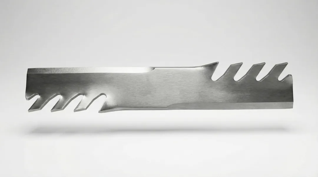 Oregon Gator mulching blade with serrated trailing edge teeth close-up