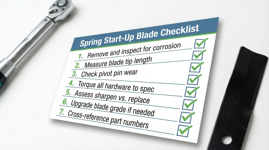 Seven-step spring flail mower blade start-up checklist process flow infographic