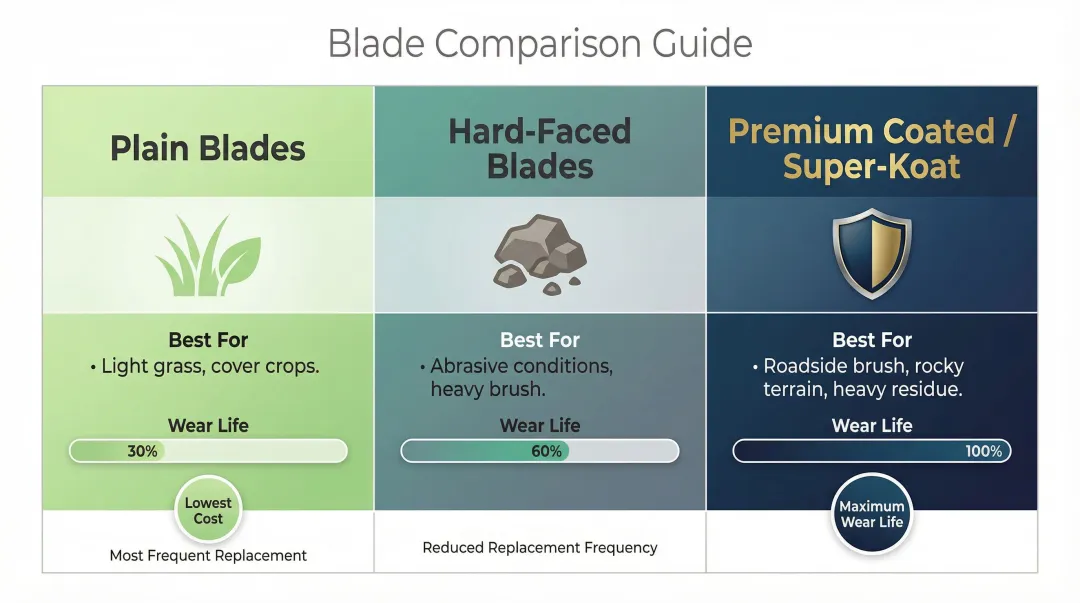 Three-tier flail mower blade grade comparison plain hard-faced and premium coated