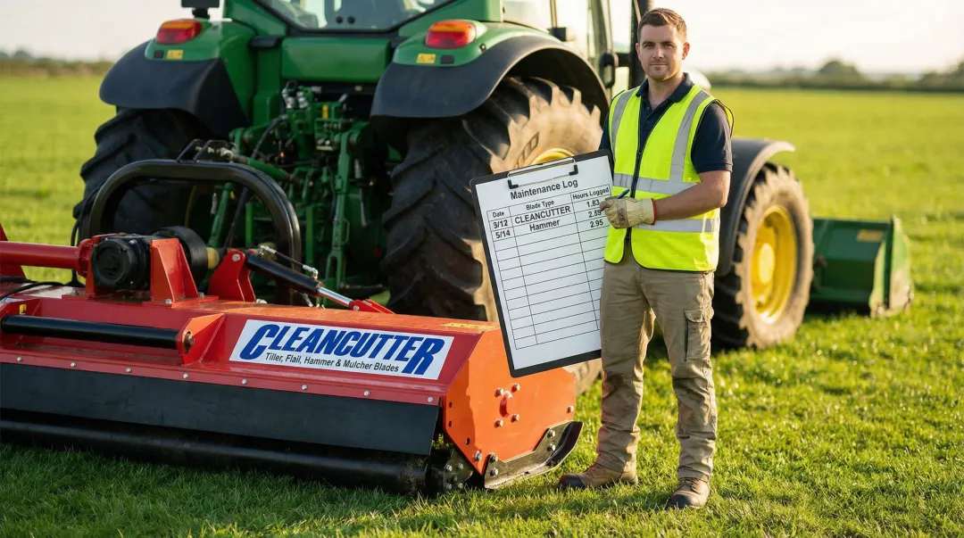 Technician logging flail mower blade maintenance records on clipboard in field