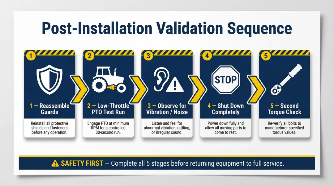 5-step flail mower blade replacement validation and post-run inspection sequence