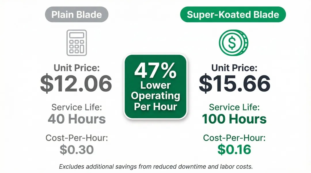 Plain versus Super-Koated blade cost per hour total ownership comparison infographic