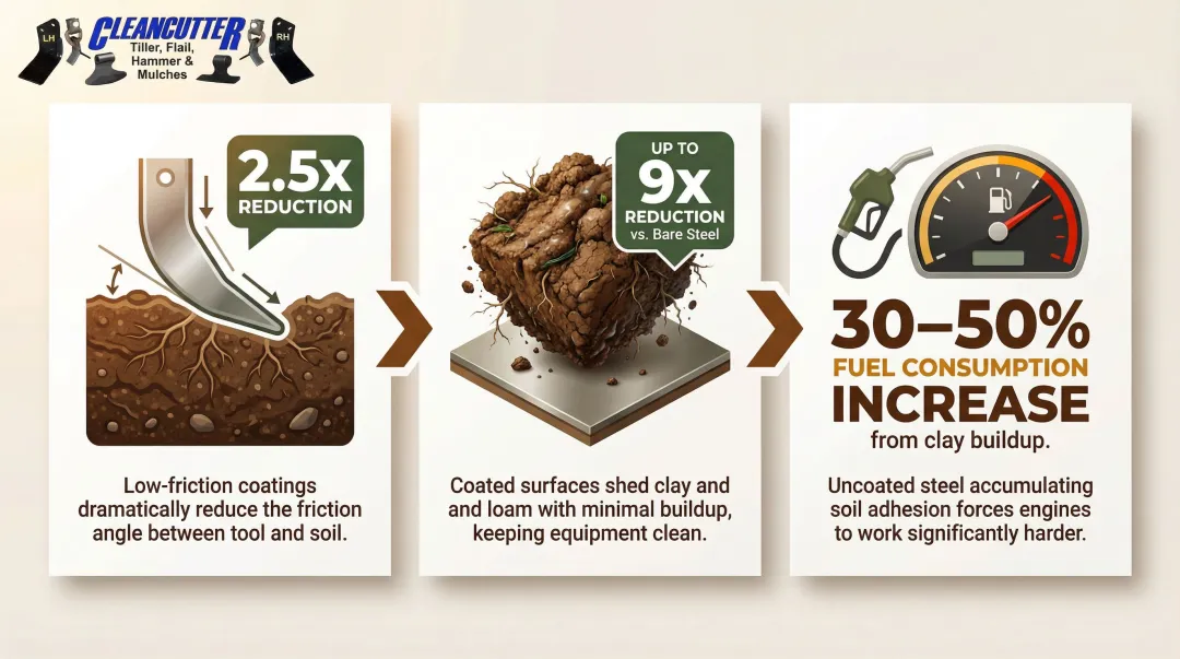 Low-friction blade coating soil adhesion reduction benefits infographic with performance metrics