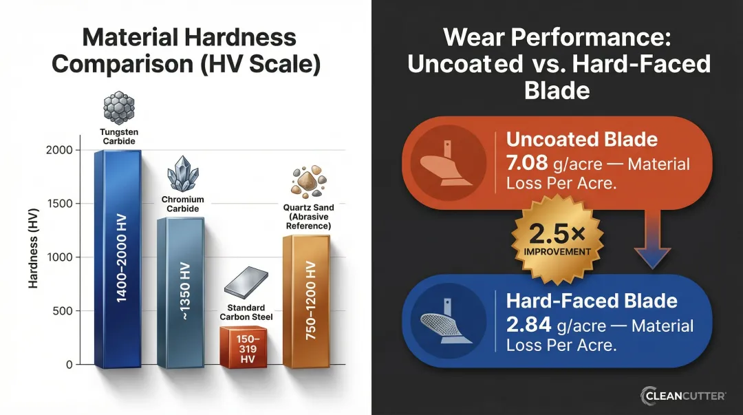 Hard-facing carbide hardness comparison versus standard steel wear performance chart