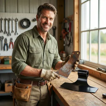 Technician inspecting a tiller blade for wear before installing a Clean Cutter replacement part