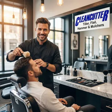 Barber applying finishing touches to a client's styled haircut in a clean, modern barbershop.