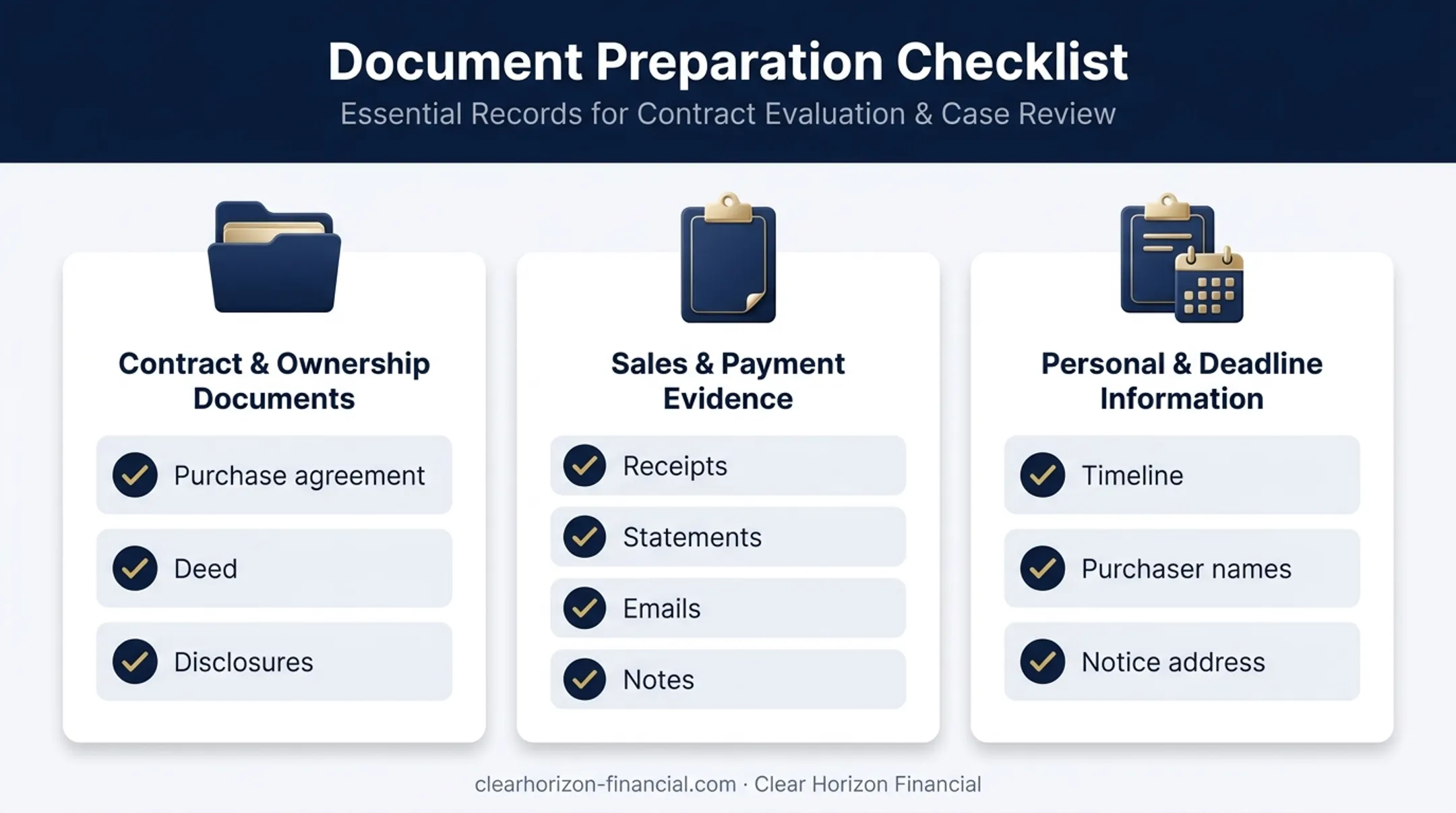 Timeshare cancellation document checklist organized by three preparation categories