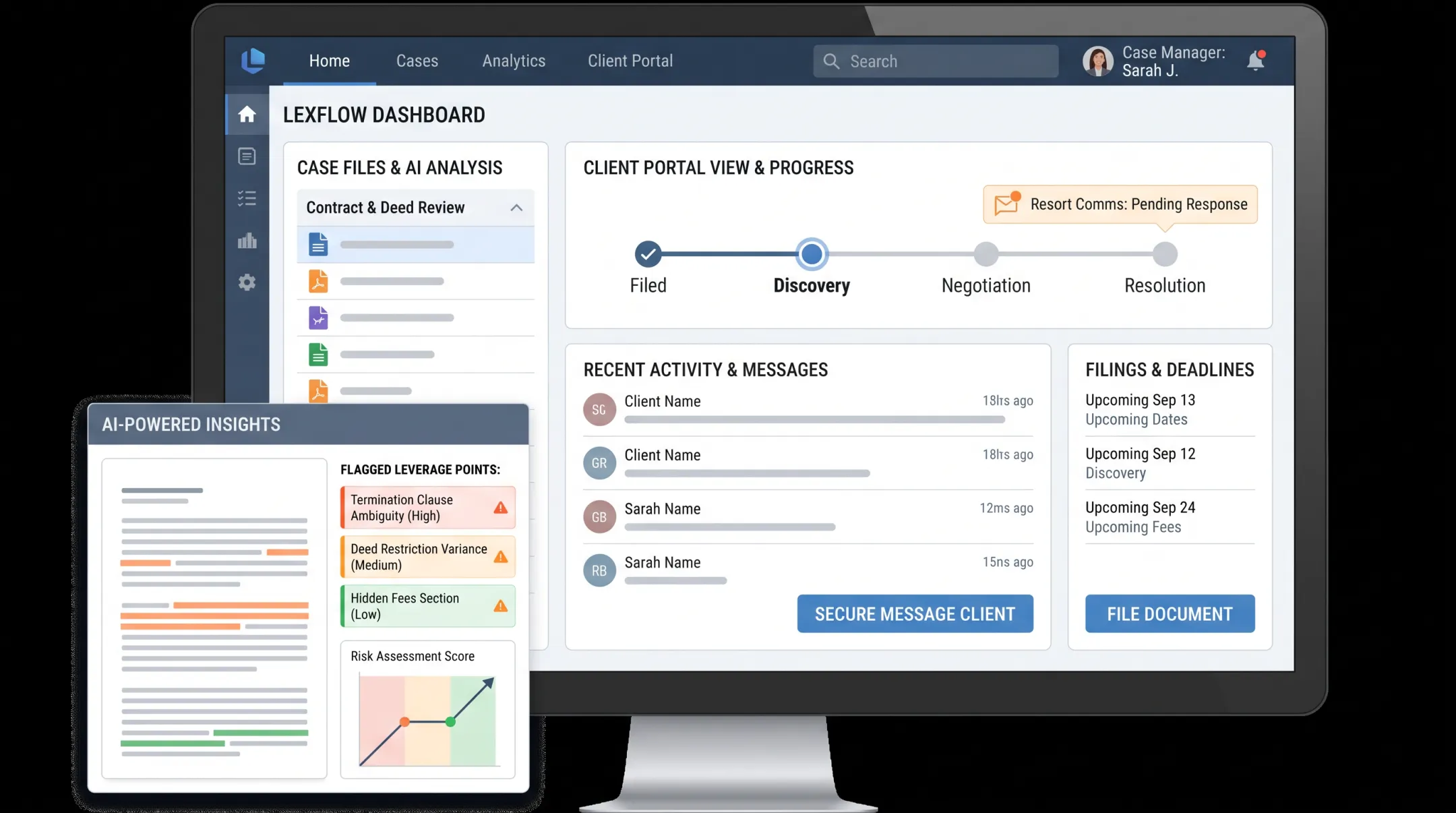 AI-powered timeshare contract analysis dashboard with case manager portal interface