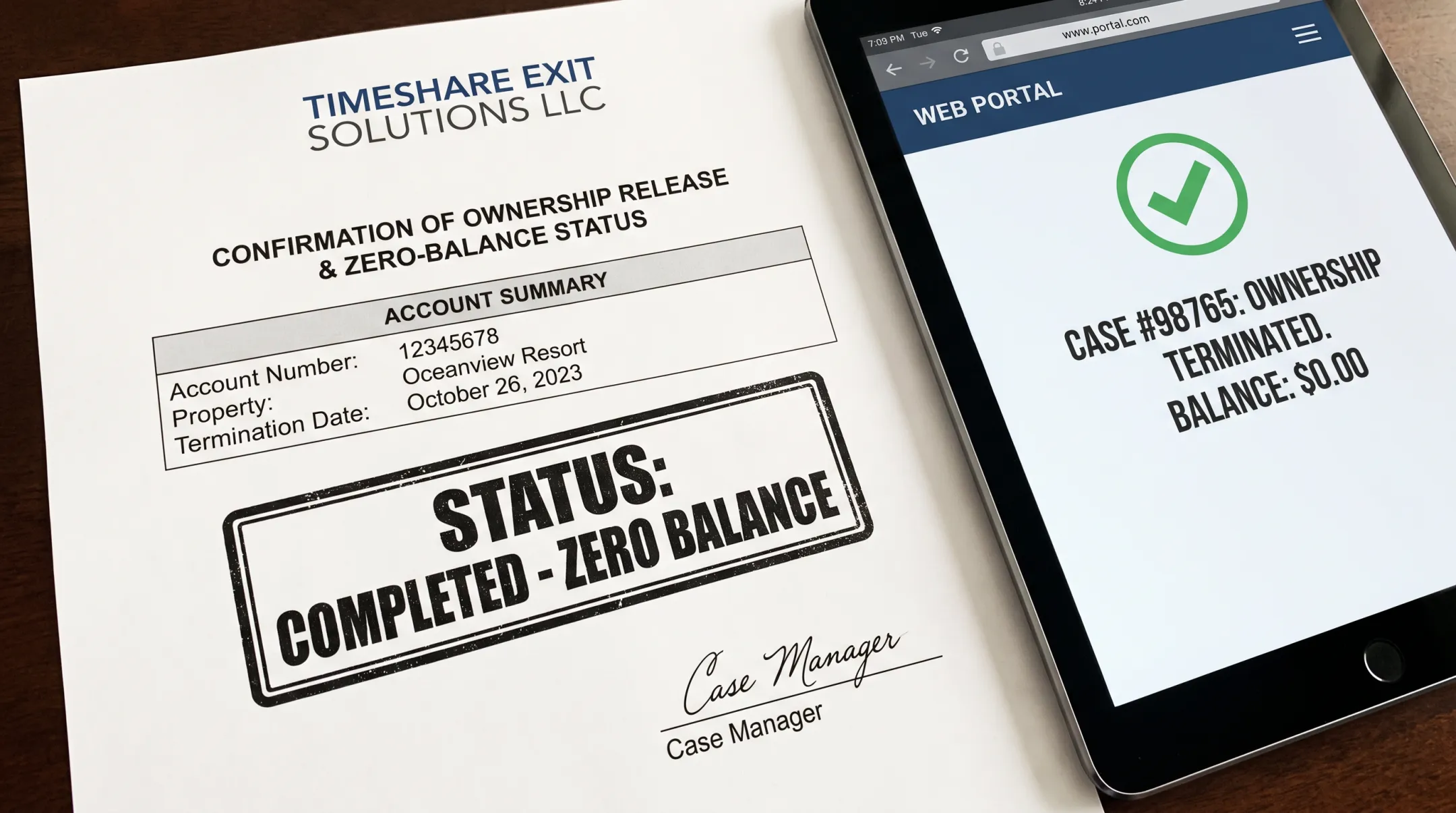 Written timeshare release confirmation letter showing zero balance owed