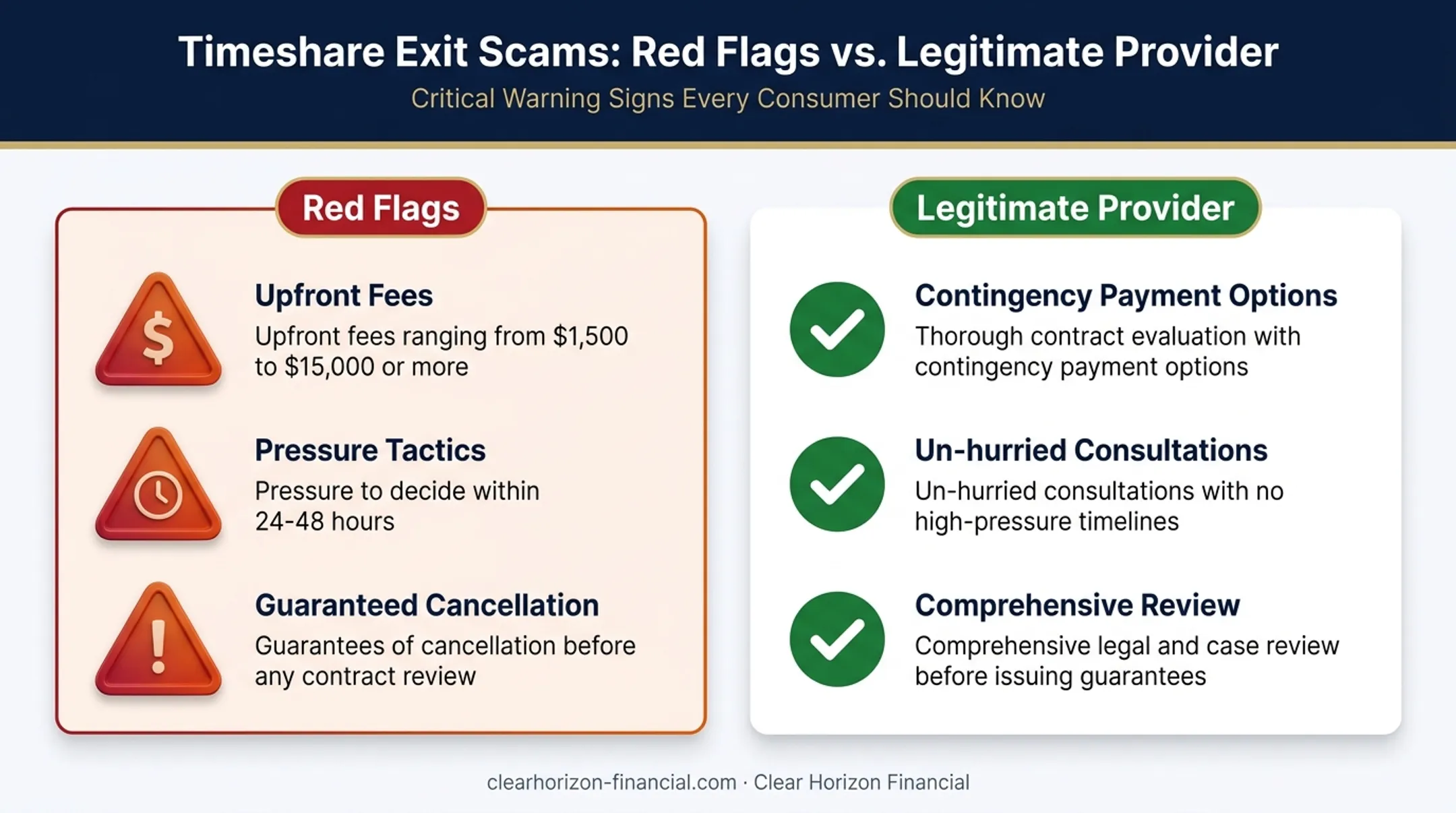 timeshare exit scam warning signs checklist with red flag icons
