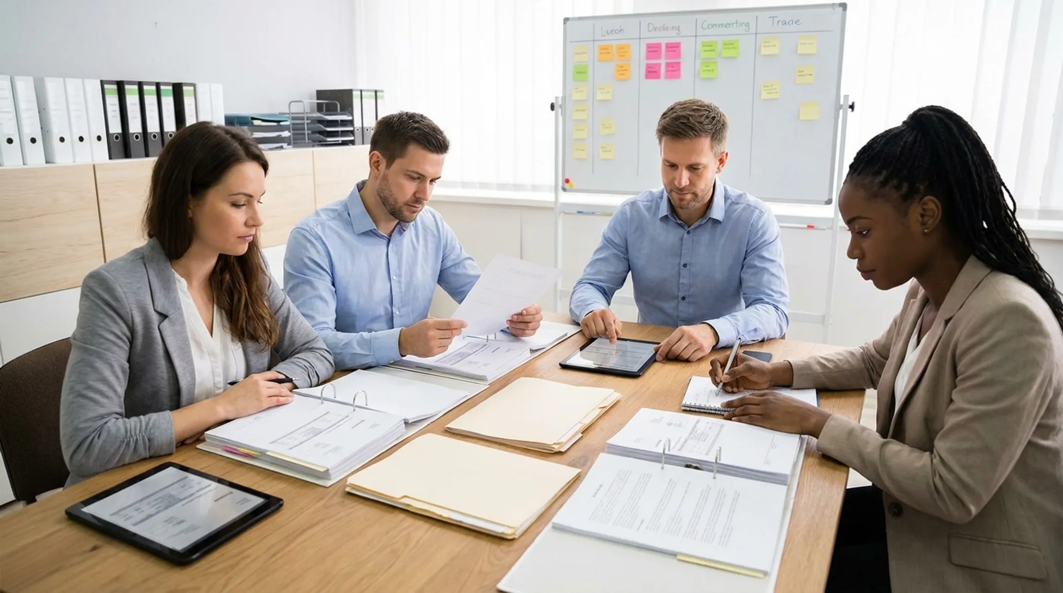 Timeshare exit provider team reviewing contracts and client case files