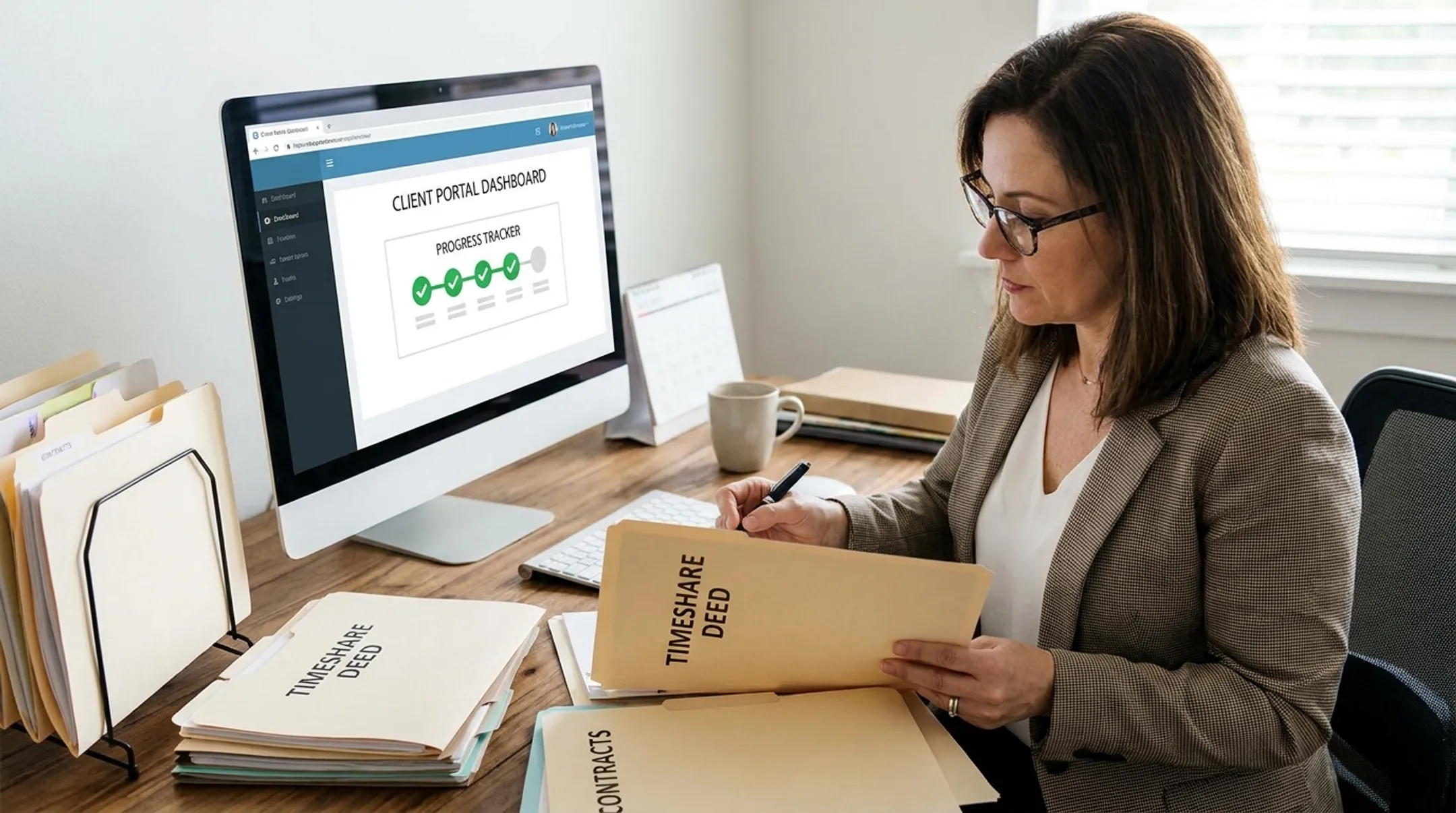 Case manager reviewing timeshare exit documentation in client portal