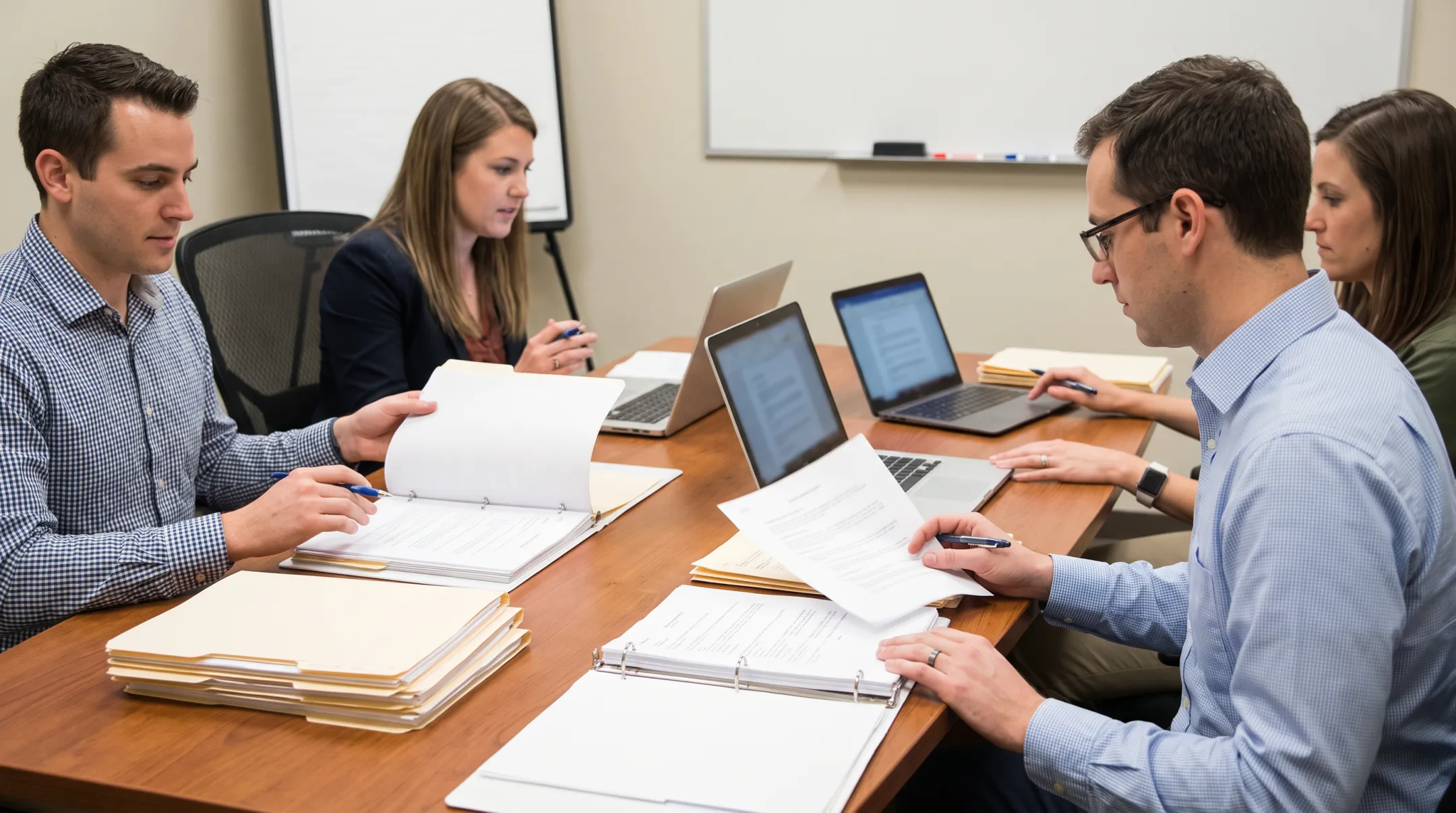 Timeshare exit case management team reviewing client documents