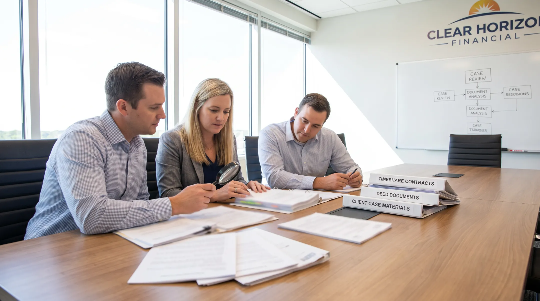 Clear Horizon Financial team reviewing timeshare contracts and deed documents