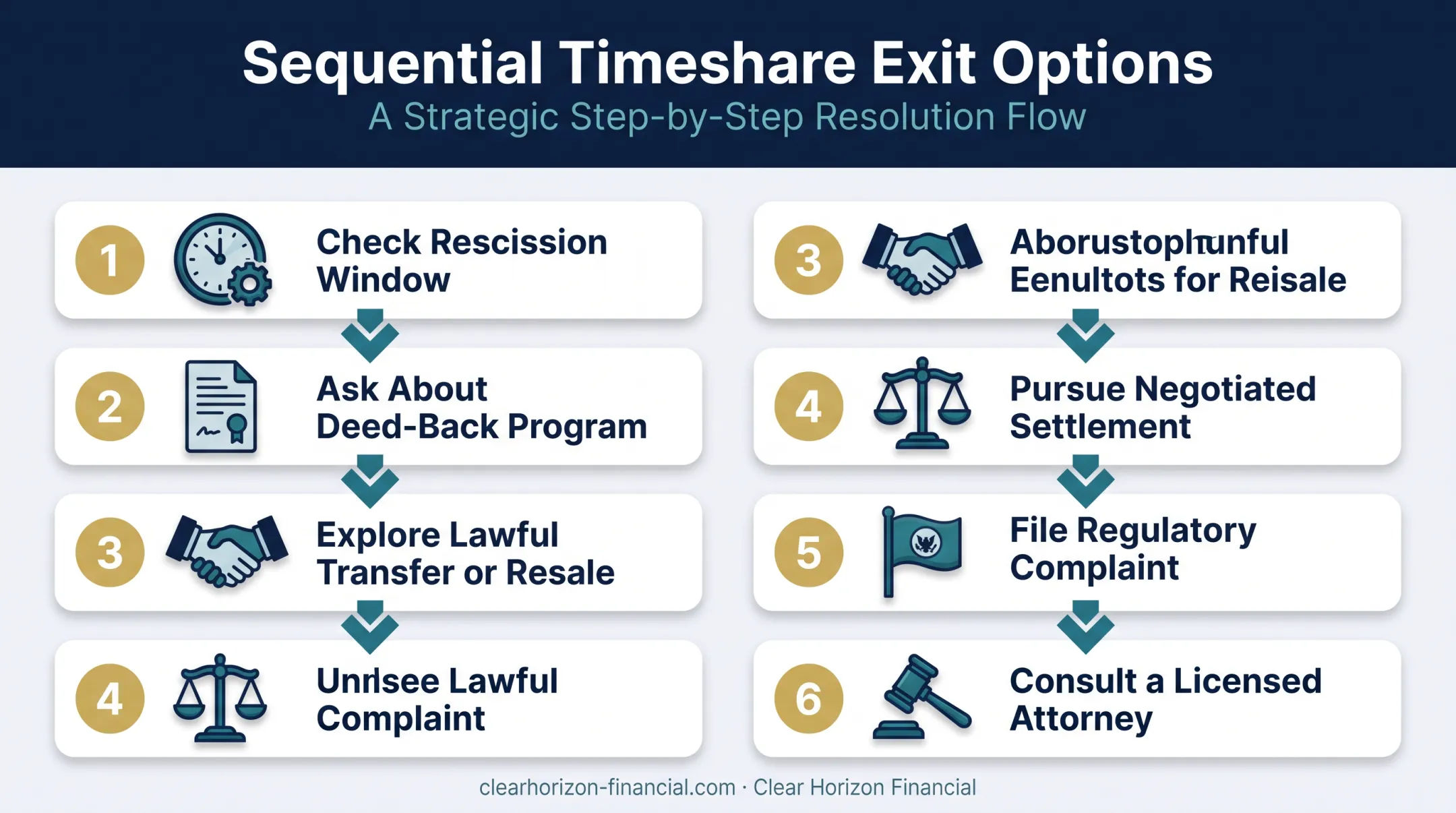 Six-step decision path for exiting a timeshare contract infographic