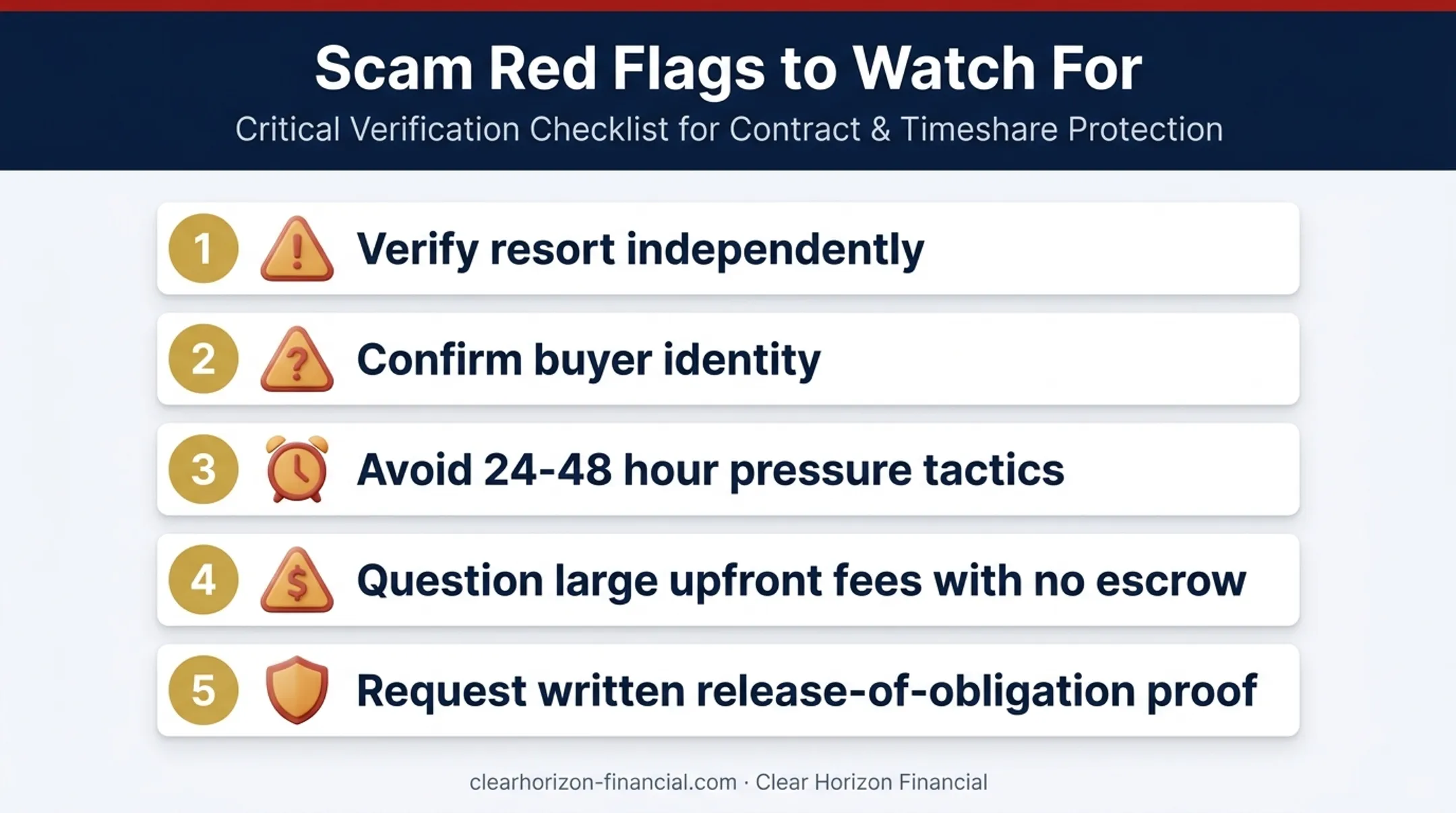 Five timeshare transfer scam red flags checklist infographic warning signs